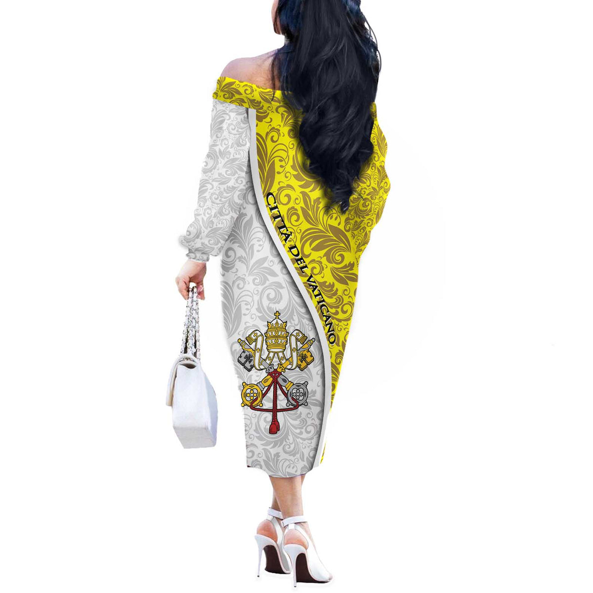 Vatican City Off The Shoulder Long Sleeve Dress Papal Keys & Tiara Emblem with Gold Baroque Pattern