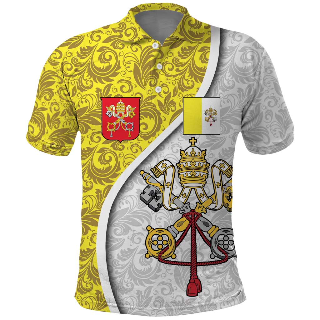 Vatican City Polo Shirt Papal Keys & Tiara Emblem with Gold Baroque Pattern