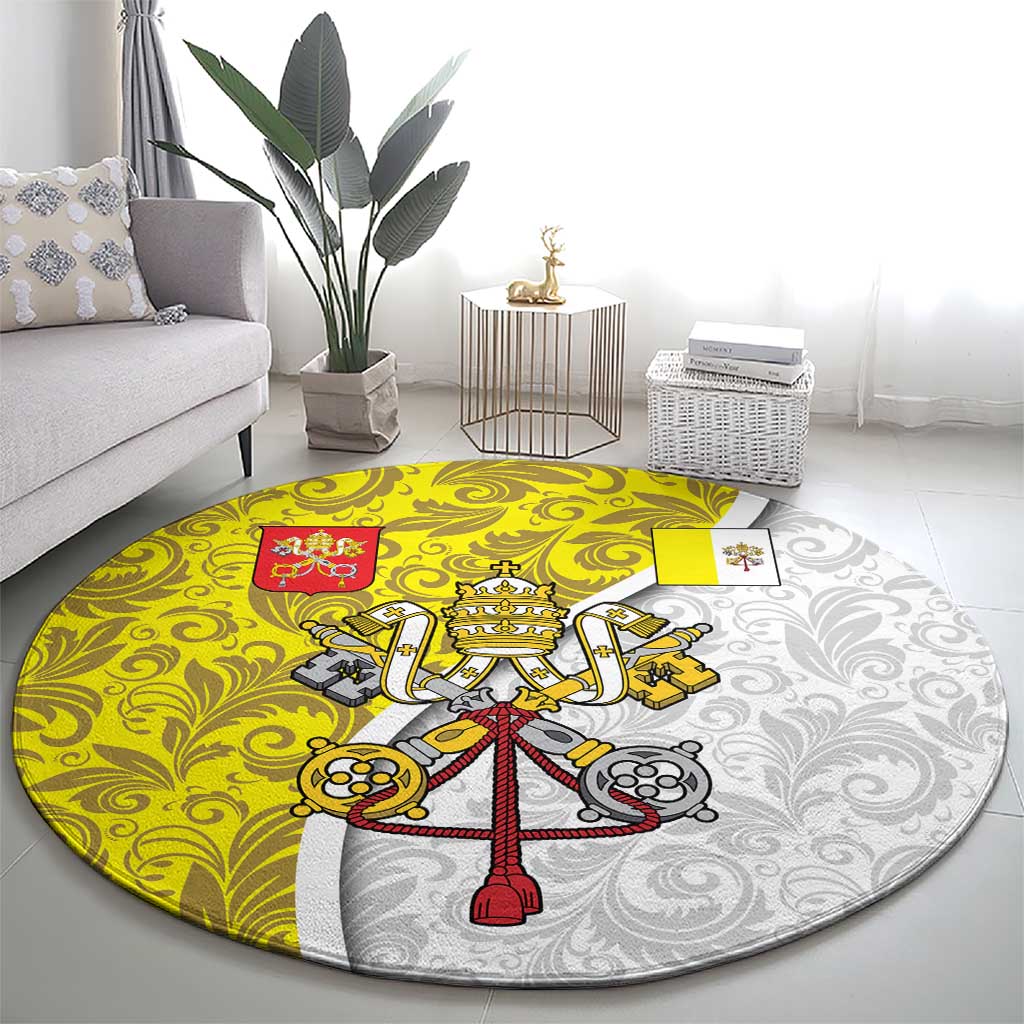 Vatican City Round Carpet Papal Keys & Tiara Emblem with Gold Baroque Pattern