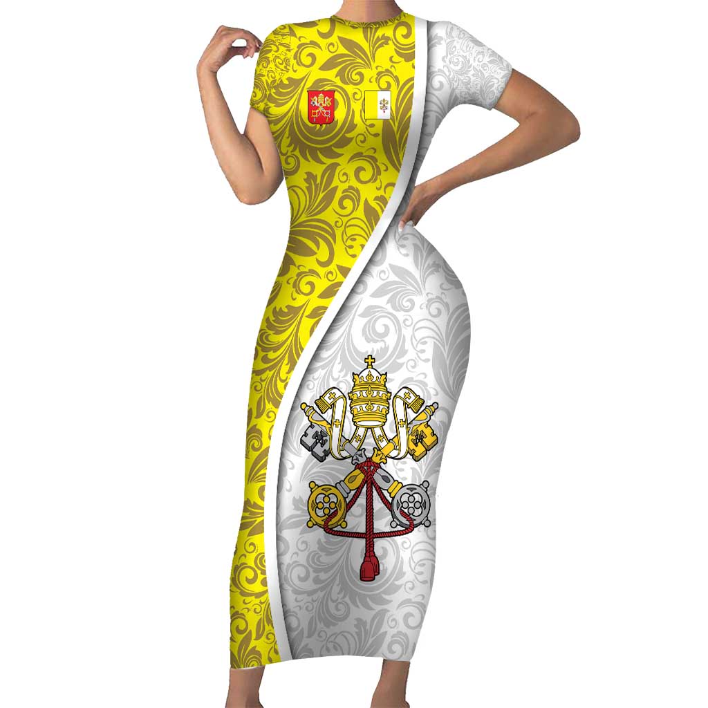 Vatican City Short Sleeve Bodycon Dress Papal Keys & Tiara Emblem with Gold Baroque Pattern