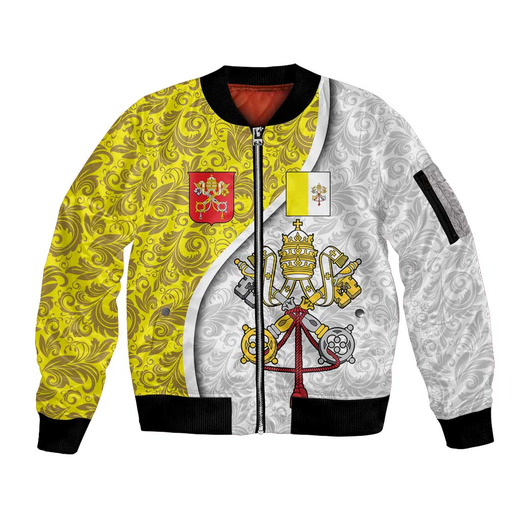 Vatican City Sleeve Zip Bomber Jacket Papal Keys & Tiara Emblem with Gold Baroque Pattern