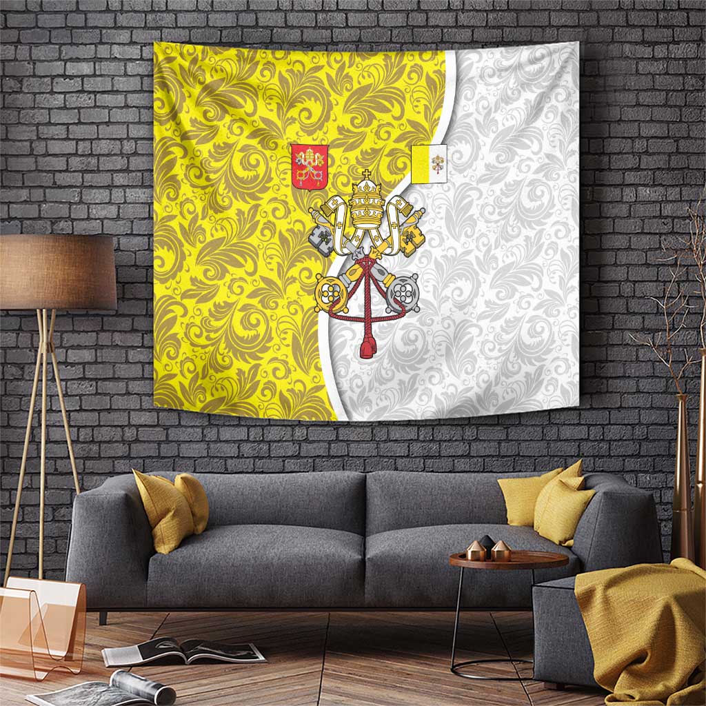 Vatican City Tapestry Papal Keys & Tiara Emblem with Gold Baroque Pattern