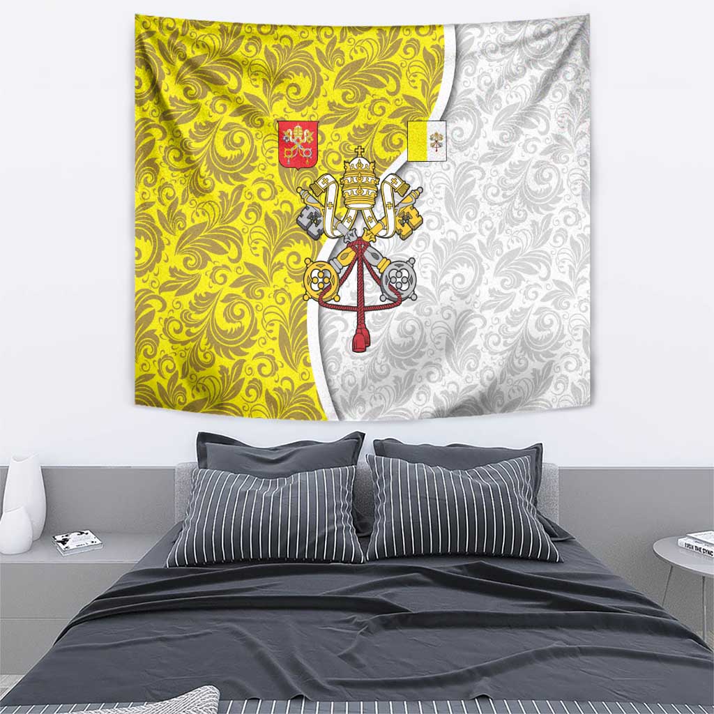 Vatican City Tapestry Papal Keys & Tiara Emblem with Gold Baroque Pattern