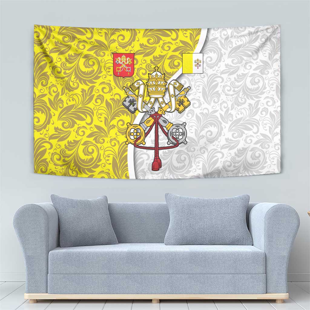 Vatican City Tapestry Papal Keys & Tiara Emblem with Gold Baroque Pattern