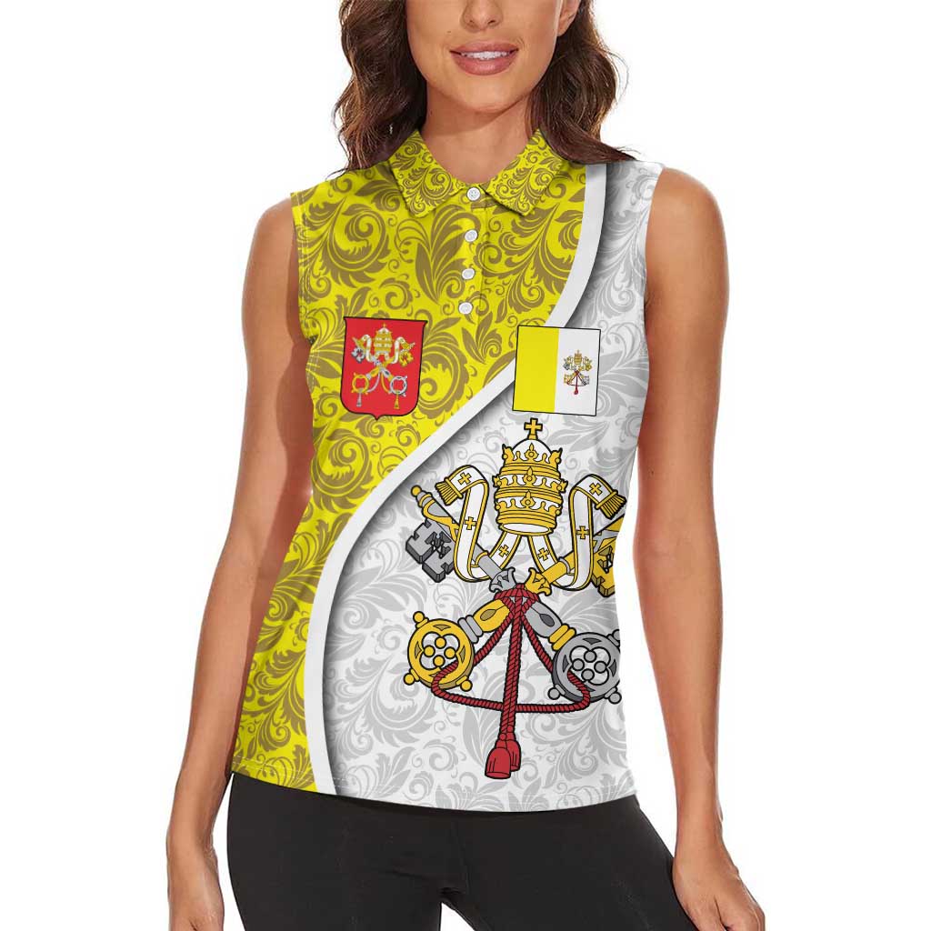 Vatican City Women Sleeveless Polo Shirt Papal Keys & Tiara Emblem with Gold Baroque Pattern