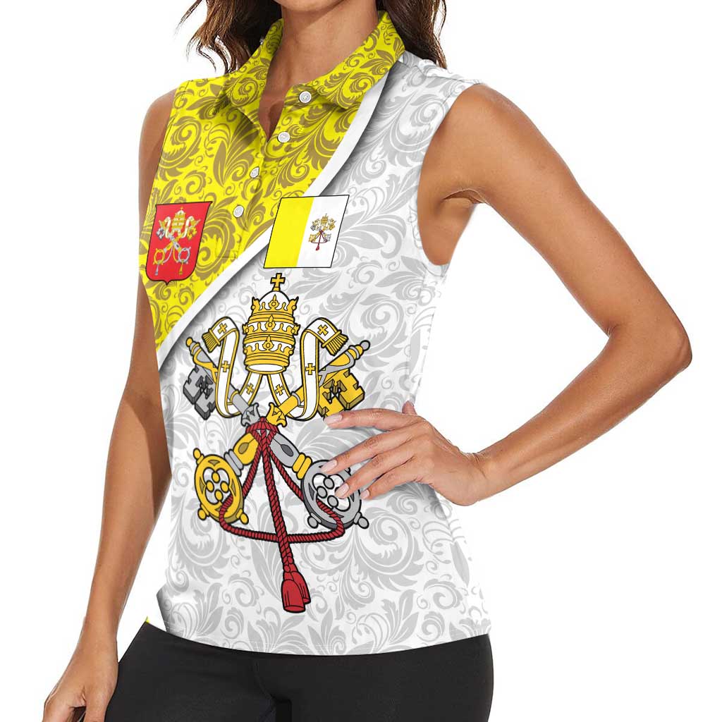 Vatican City Women Sleeveless Polo Shirt Papal Keys & Tiara Emblem with Gold Baroque Pattern