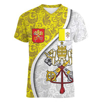 Vatican City Women V-Neck T-Shirt Papal Keys & Tiara Emblem with Gold Baroque Pattern