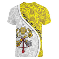 Vatican City Women V-Neck T-Shirt Papal Keys & Tiara Emblem with Gold Baroque Pattern