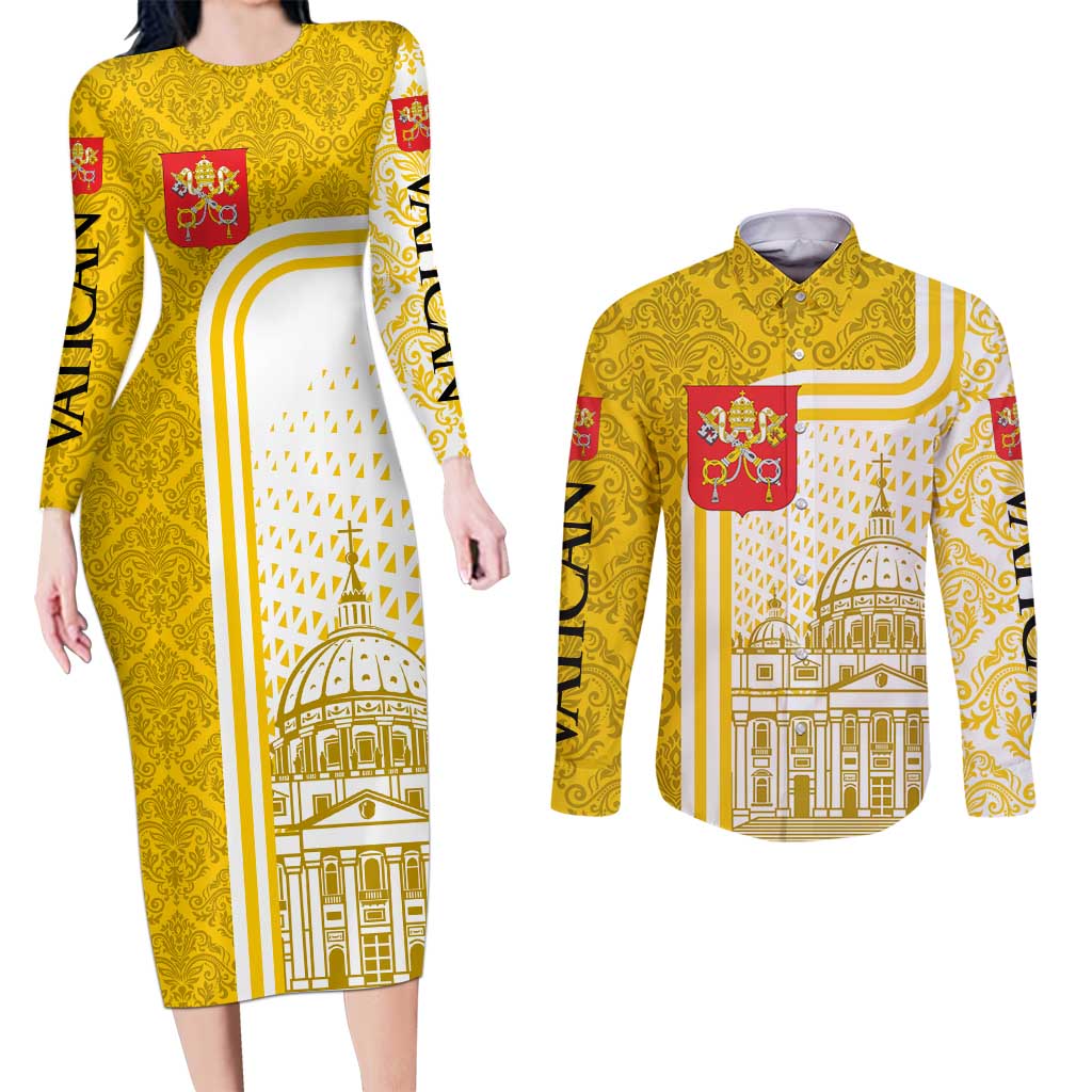 Vatican City Couples Matching Long Sleeve Bodycon Dress and Long Sleeve Button Shirt St. Peter’s Basilica & Papal Emblem Gold Ornate Architecture