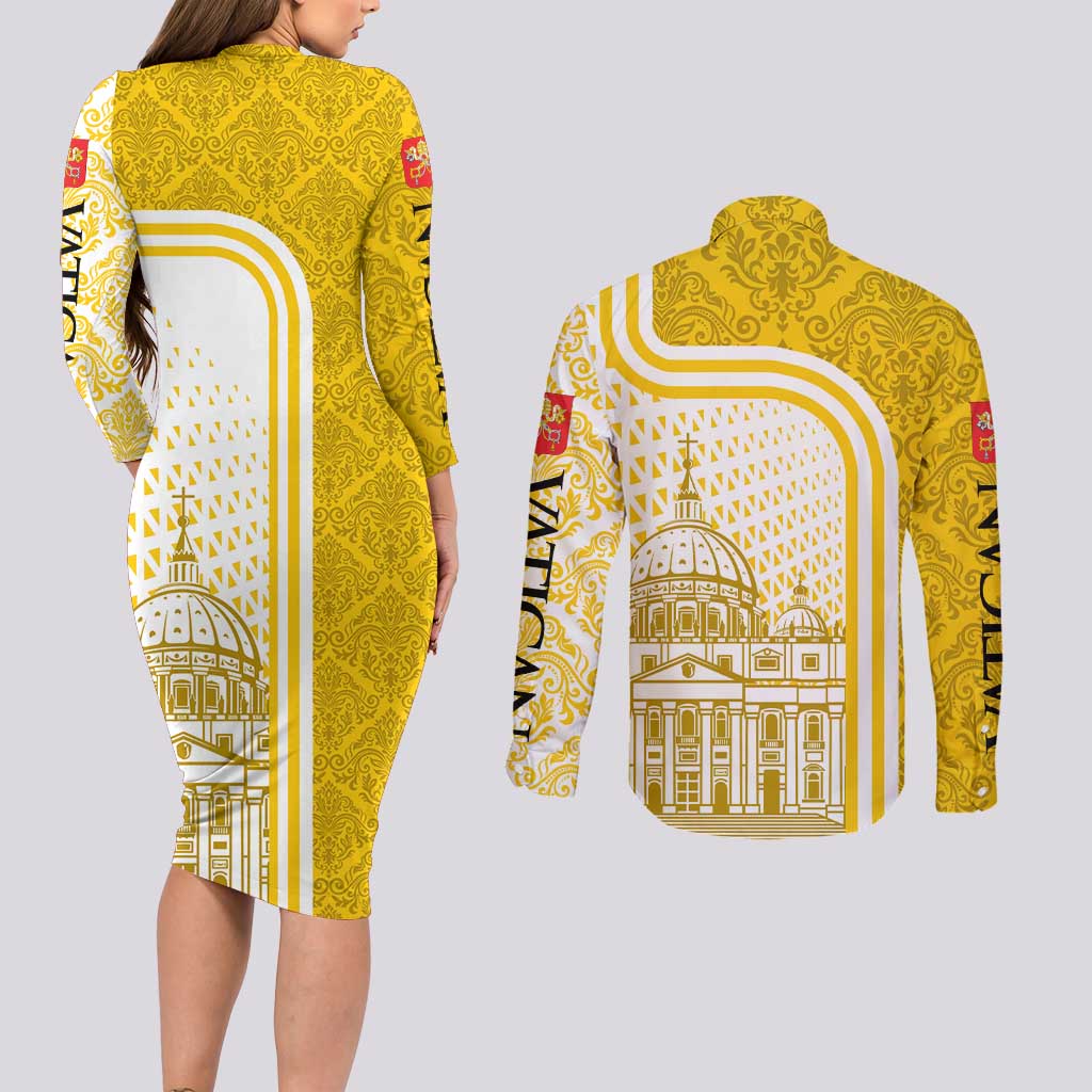 Vatican City Couples Matching Long Sleeve Bodycon Dress and Long Sleeve Button Shirt St. Peter’s Basilica & Papal Emblem Gold Ornate Architecture
