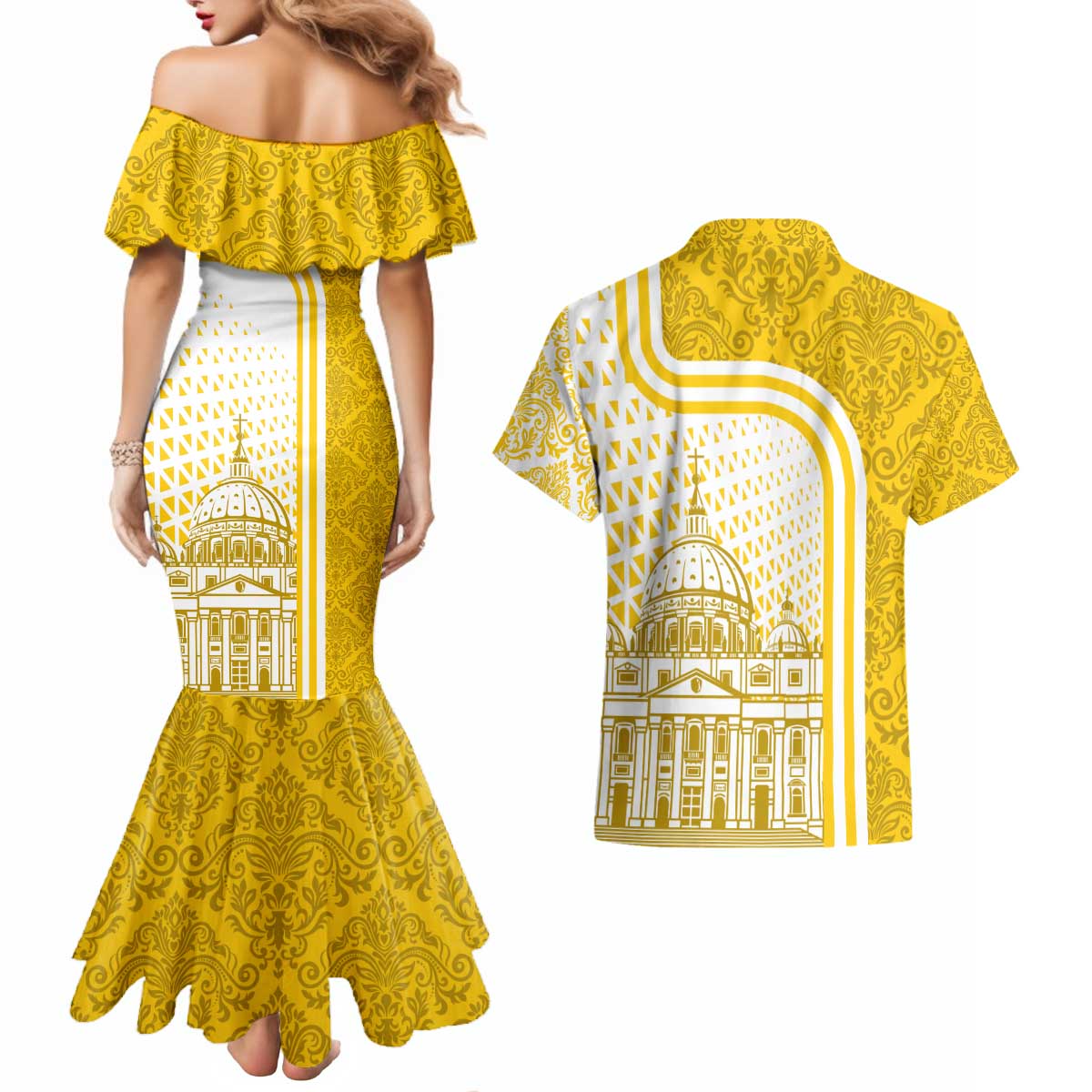 Vatican City Couples Matching Mermaid Dress and Hawaiian Shirt St. Peter’s Basilica & Papal Emblem Gold Ornate Architecture