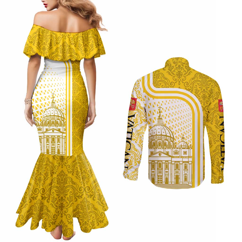Vatican City Couples Matching Mermaid Dress and Long Sleeve Button Shirt St. Peter’s Basilica & Papal Emblem Gold Ornate Architecture