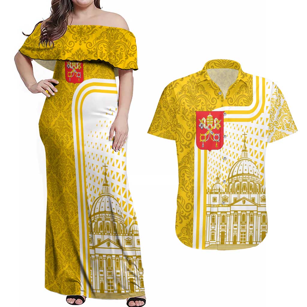 Vatican City Couples Matching Off Shoulder Maxi Dress and Hawaiian Shirt St. Peter’s Basilica & Papal Emblem Gold Ornate Architecture