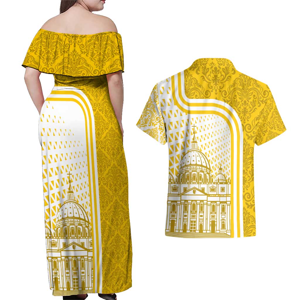 Vatican City Couples Matching Off Shoulder Maxi Dress and Hawaiian Shirt St. Peter’s Basilica & Papal Emblem Gold Ornate Architecture