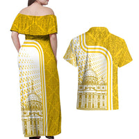Vatican City Couples Matching Off Shoulder Maxi Dress and Hawaiian Shirt St. Peter’s Basilica & Papal Emblem Gold Ornate Architecture