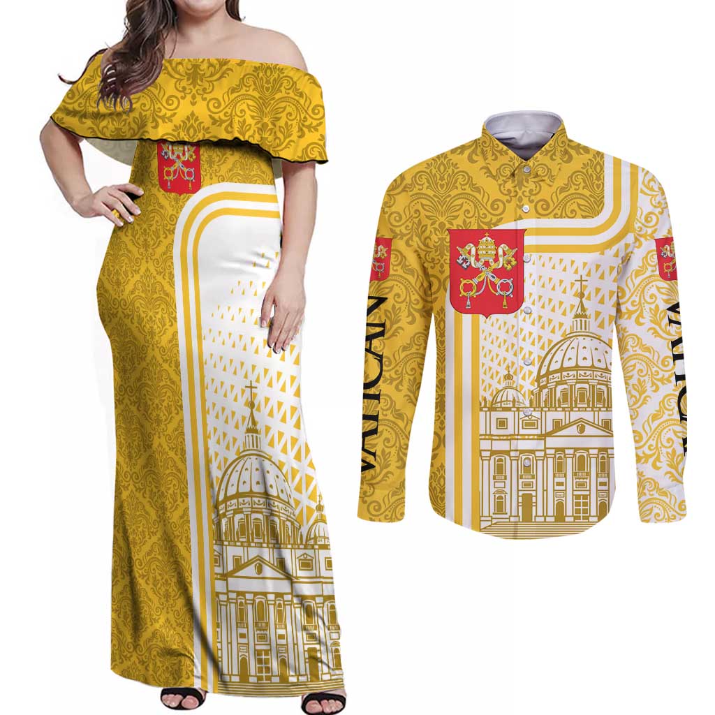 Vatican City Couples Matching Off Shoulder Maxi Dress and Long Sleeve Button Shirt St. Peter’s Basilica & Papal Emblem Gold Ornate Architecture