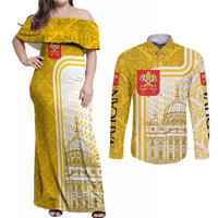 Vatican City Couples Matching Off Shoulder Maxi Dress and Long Sleeve Button Shirt St. Peter’s Basilica & Papal Emblem Gold Ornate Architecture