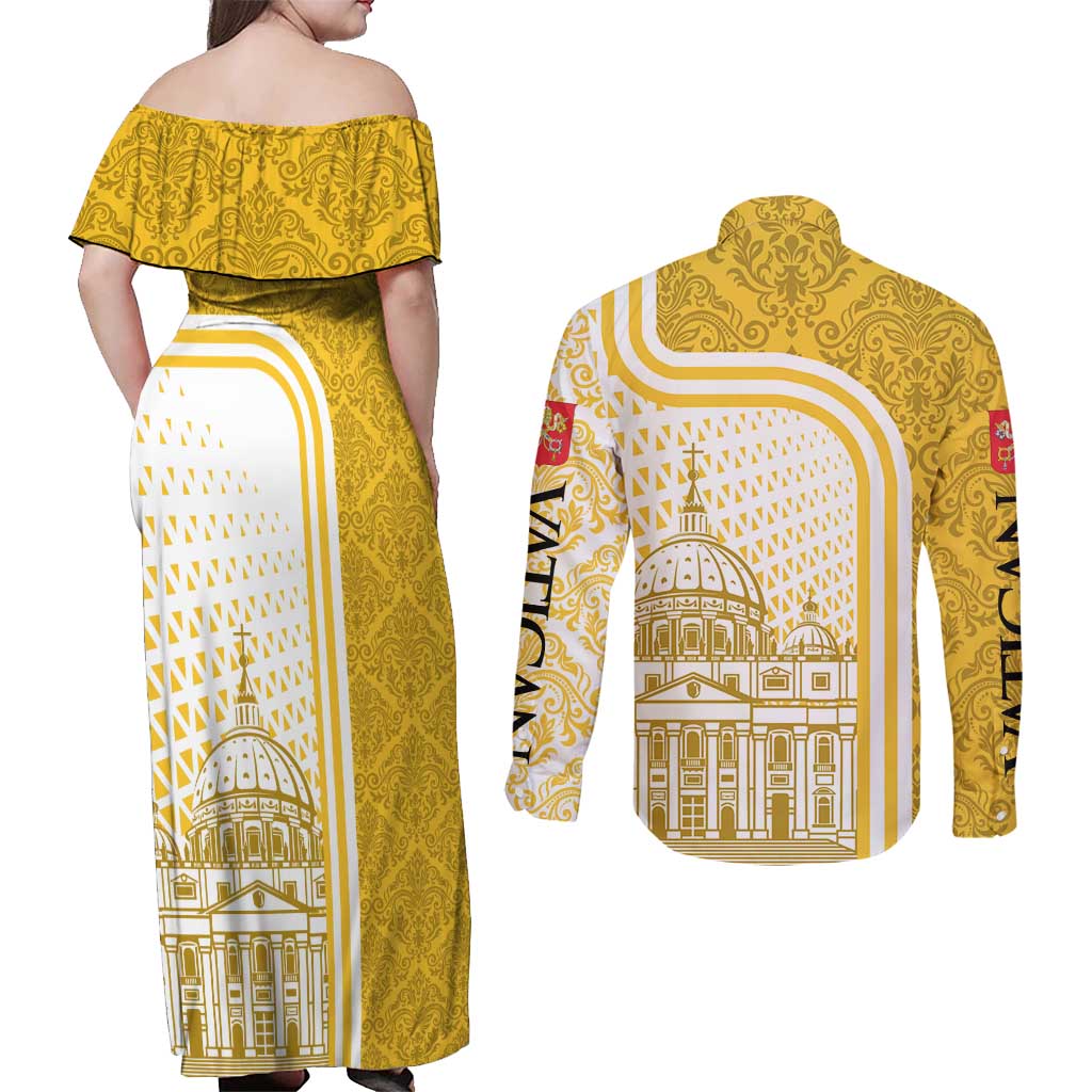 Vatican City Couples Matching Off Shoulder Maxi Dress and Long Sleeve Button Shirt St. Peter’s Basilica & Papal Emblem Gold Ornate Architecture
