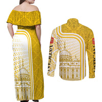 Vatican City Couples Matching Off Shoulder Maxi Dress and Long Sleeve Button Shirt St. Peter’s Basilica & Papal Emblem Gold Ornate Architecture