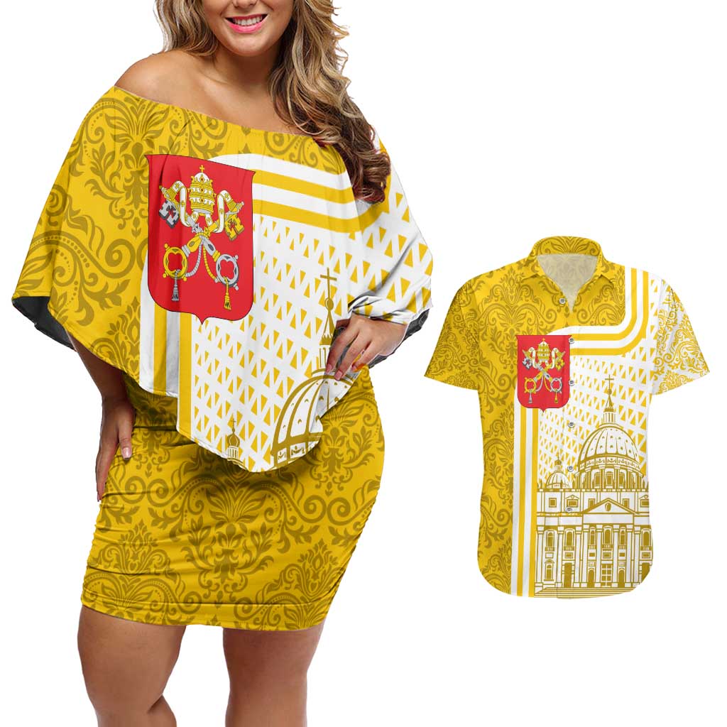 Vatican City Couples Matching Off Shoulder Short Dress and Hawaiian Shirt St. Peter’s Basilica & Papal Emblem Gold Ornate Architecture