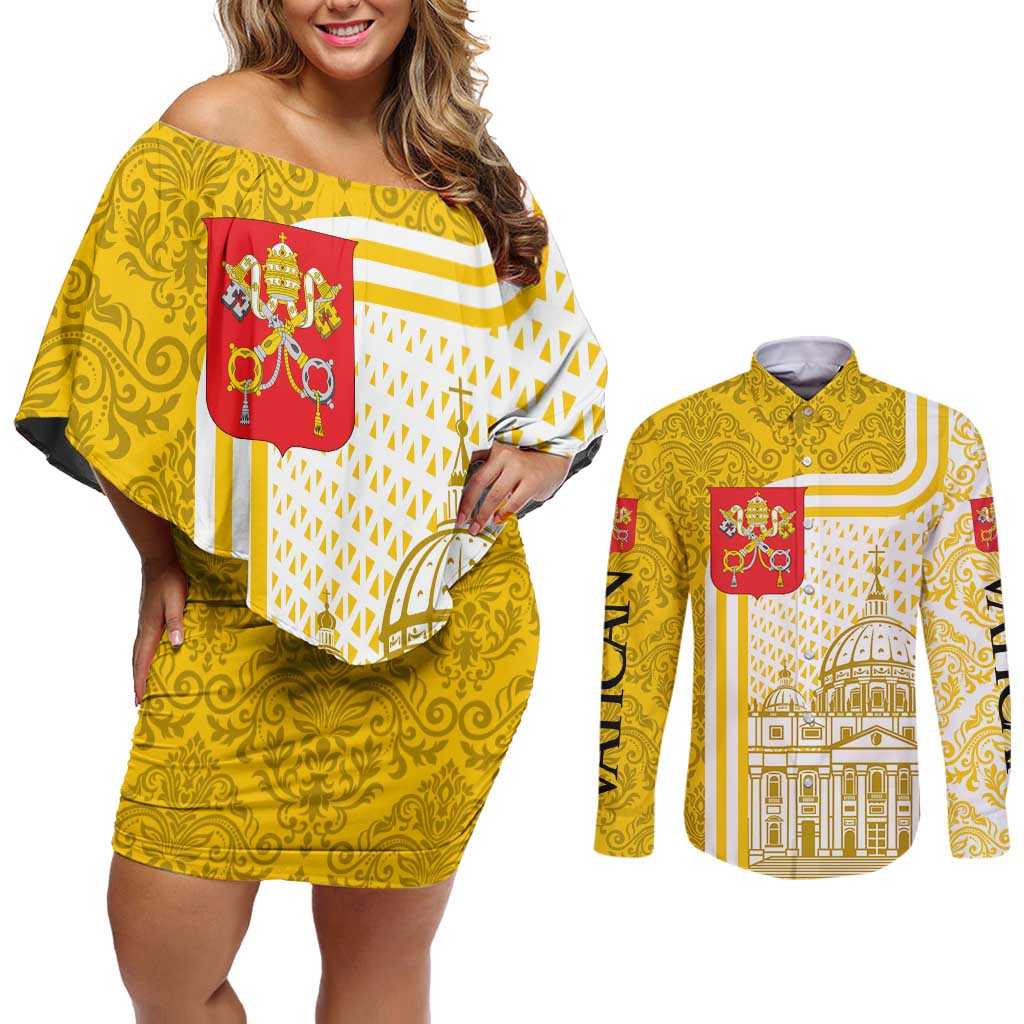 Vatican City Couples Matching Off Shoulder Short Dress and Long Sleeve Button Shirt St. Peter’s Basilica & Papal Emblem Gold Ornate Architecture