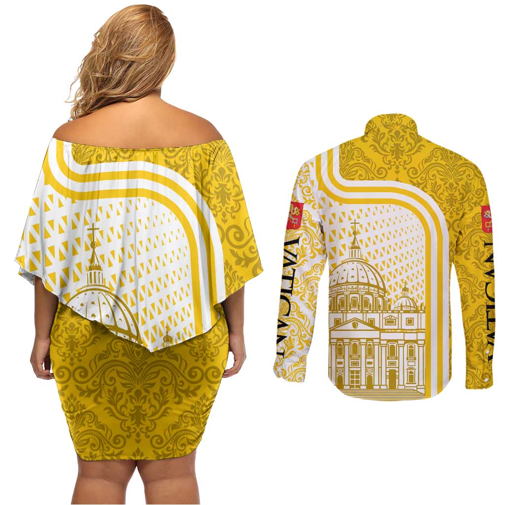 Vatican City Couples Matching Off Shoulder Short Dress and Long Sleeve Button Shirt St. Peter’s Basilica & Papal Emblem Gold Ornate Architecture