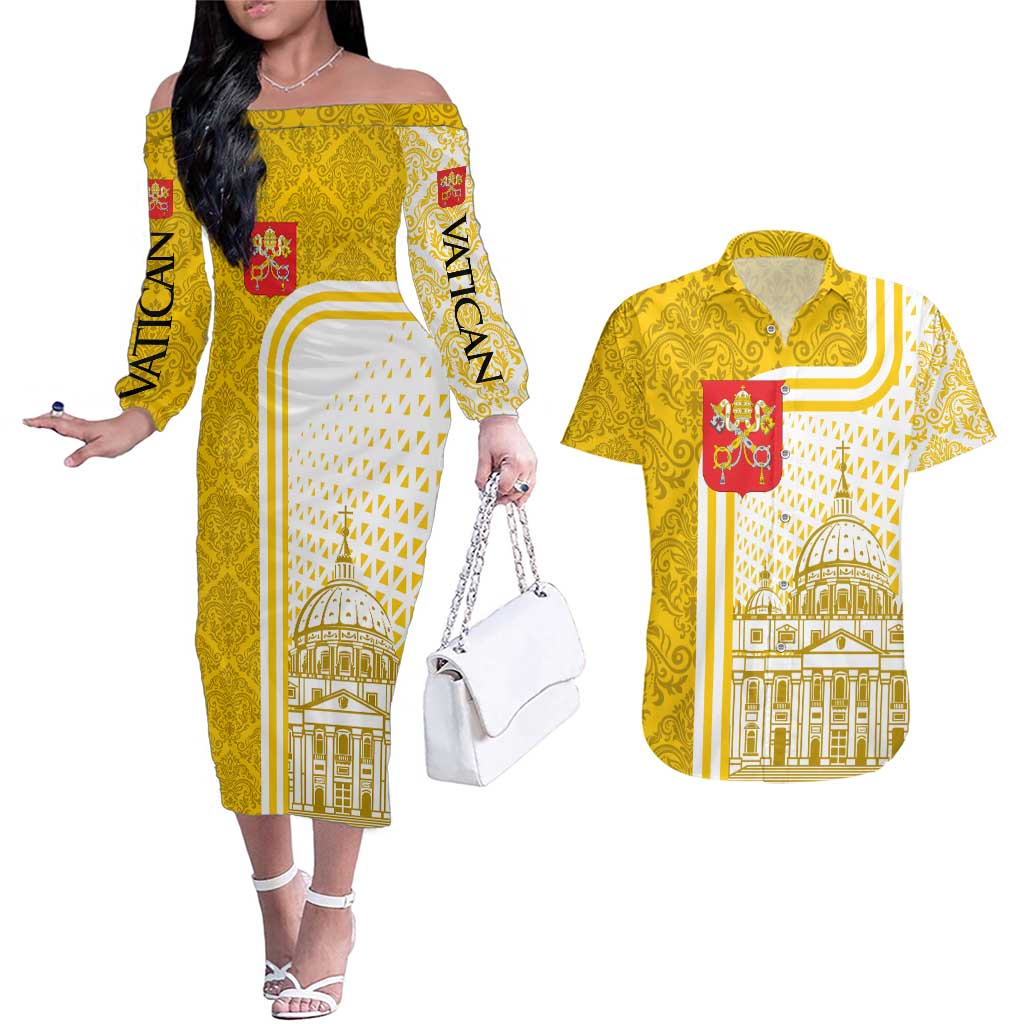 Vatican City Couples Matching Off The Shoulder Long Sleeve Dress and Hawaiian Shirt St. Peter’s Basilica & Papal Emblem Gold Ornate Architecture