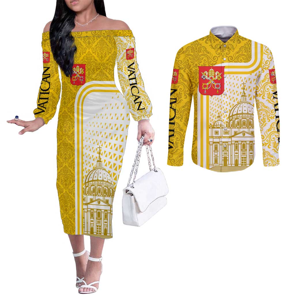 Vatican City Couples Matching Off The Shoulder Long Sleeve Dress and Long Sleeve Button Shirt St. Peter’s Basilica & Papal Emblem Gold Ornate Architecture