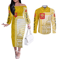 Vatican City Couples Matching Off The Shoulder Long Sleeve Dress and Long Sleeve Button Shirt St. Peter’s Basilica & Papal Emblem Gold Ornate Architecture