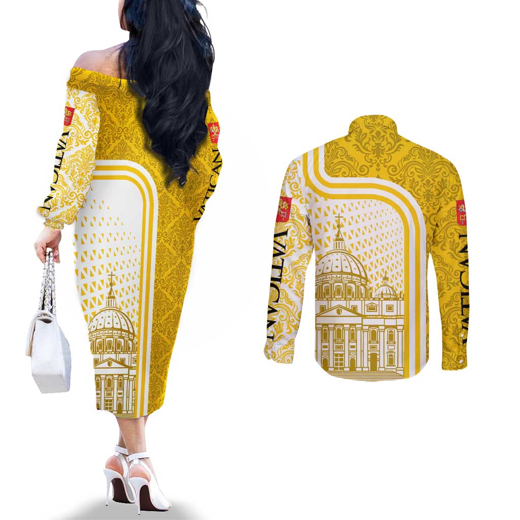 Vatican City Couples Matching Off The Shoulder Long Sleeve Dress and Long Sleeve Button Shirt St. Peter’s Basilica & Papal Emblem Gold Ornate Architecture