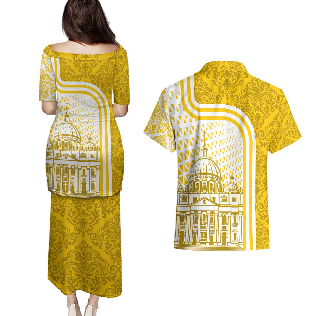 Vatican City Couples Matching Puletasi and Hawaiian Shirt St. Peter’s Basilica & Papal Emblem Gold Ornate Architecture