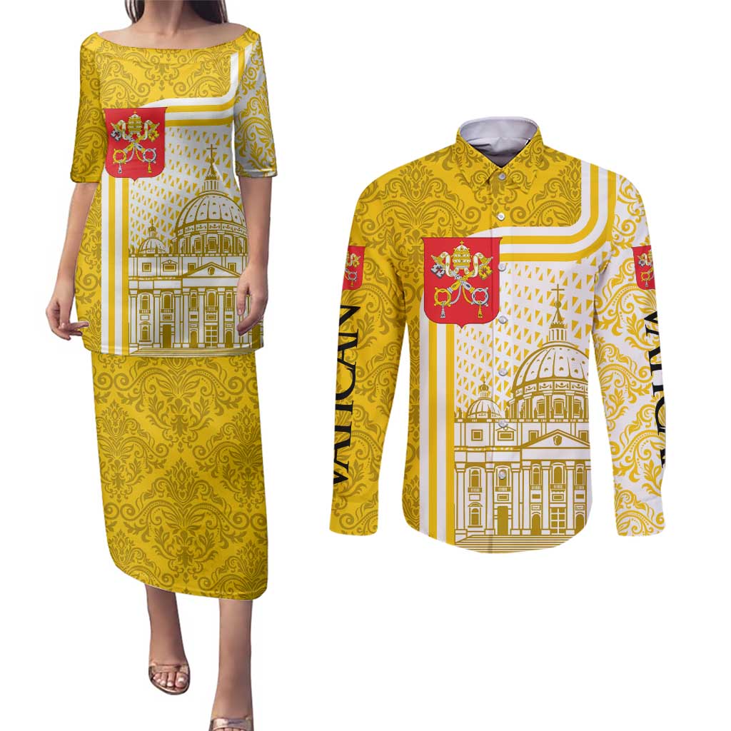 Vatican City Couples Matching Puletasi and Long Sleeve Button Shirt St. Peter’s Basilica & Papal Emblem Gold Ornate Architecture