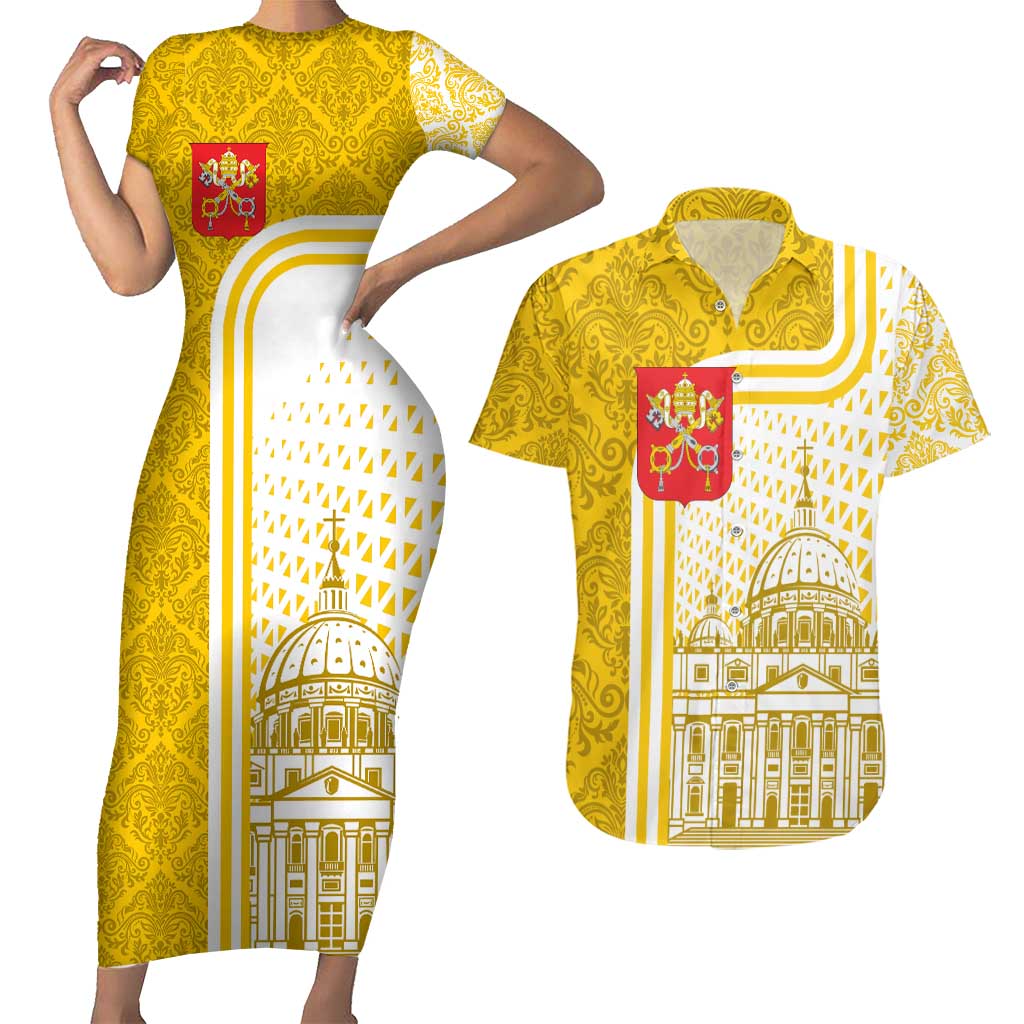 Vatican City Couples Matching Short Sleeve Bodycon Dress and Hawaiian Shirt St. Peter’s Basilica & Papal Emblem Gold Ornate Architecture
