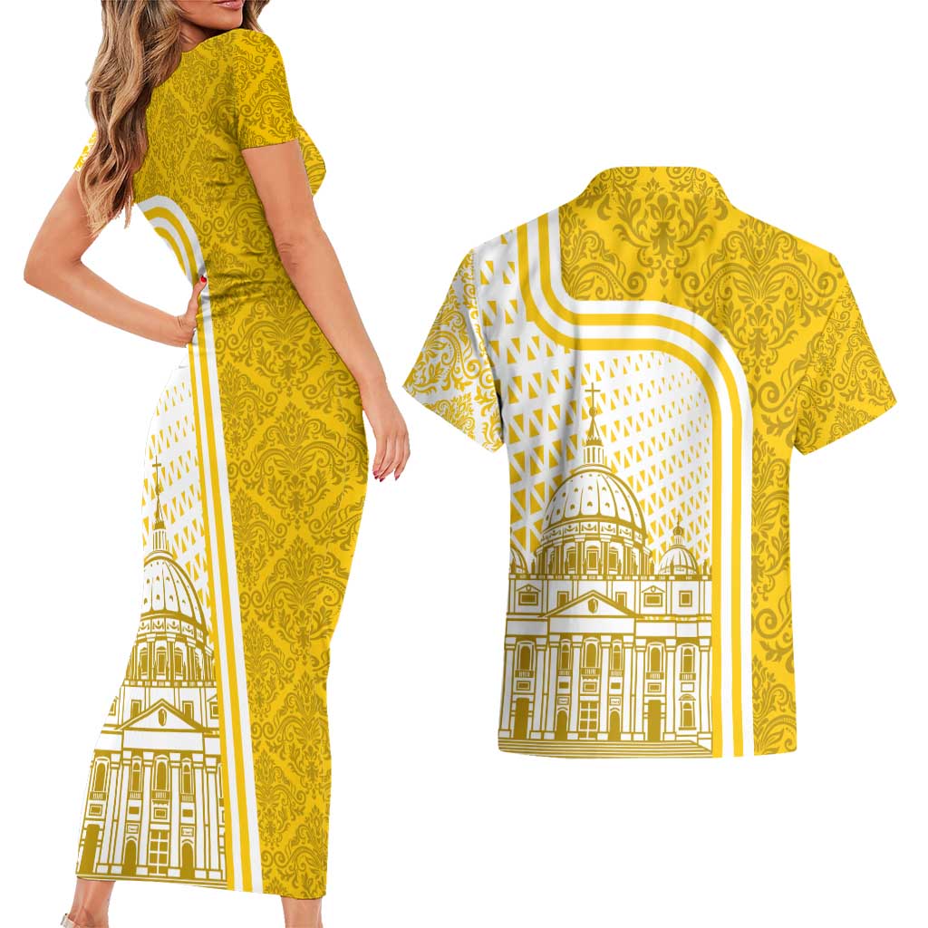 Vatican City Couples Matching Short Sleeve Bodycon Dress and Hawaiian Shirt St. Peter’s Basilica & Papal Emblem Gold Ornate Architecture