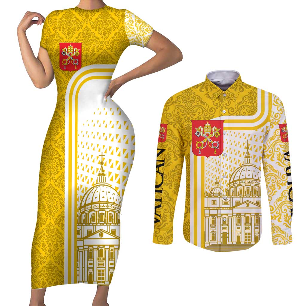 Vatican City Couples Matching Short Sleeve Bodycon Dress and Long Sleeve Button Shirt St. Peter’s Basilica & Papal Emblem Gold Ornate Architecture