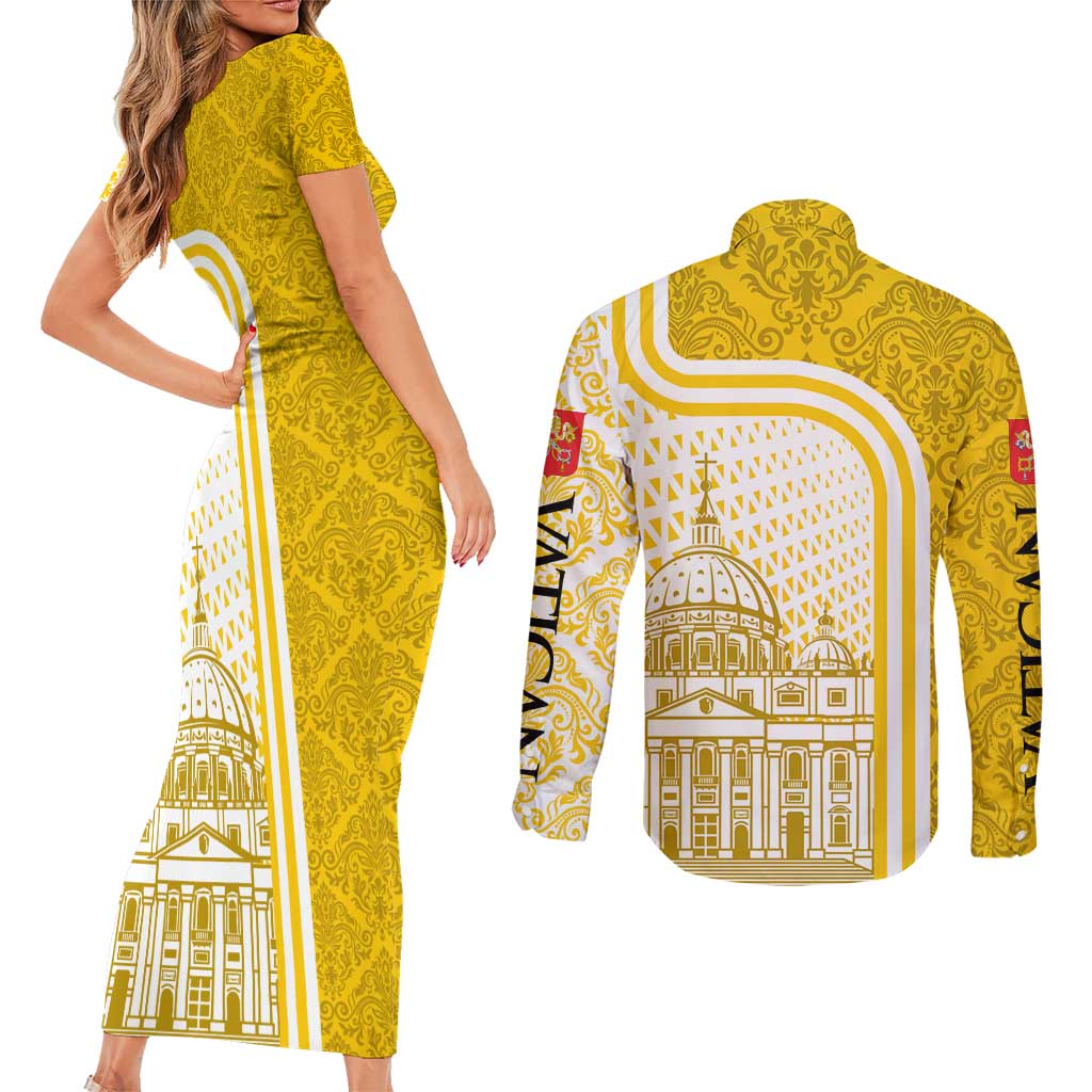 Vatican City Couples Matching Short Sleeve Bodycon Dress and Long Sleeve Button Shirt St. Peter’s Basilica & Papal Emblem Gold Ornate Architecture