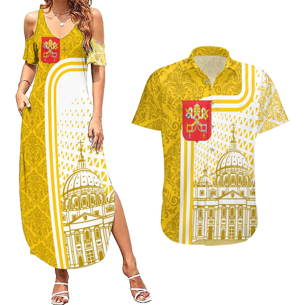 Vatican City Couples Matching Summer Maxi Dress and Hawaiian Shirt St. Peter’s Basilica & Papal Emblem Gold Ornate Architecture