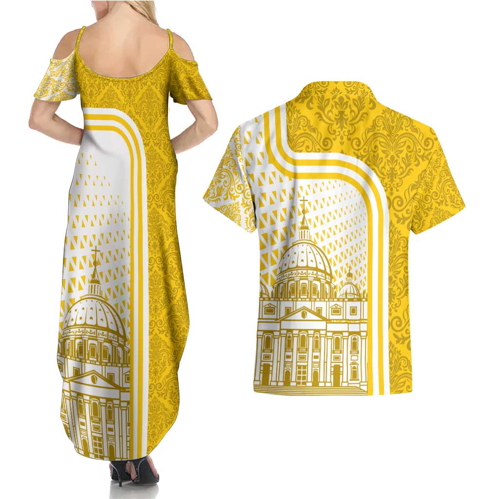 Vatican City Couples Matching Summer Maxi Dress and Hawaiian Shirt St. Peter’s Basilica & Papal Emblem Gold Ornate Architecture