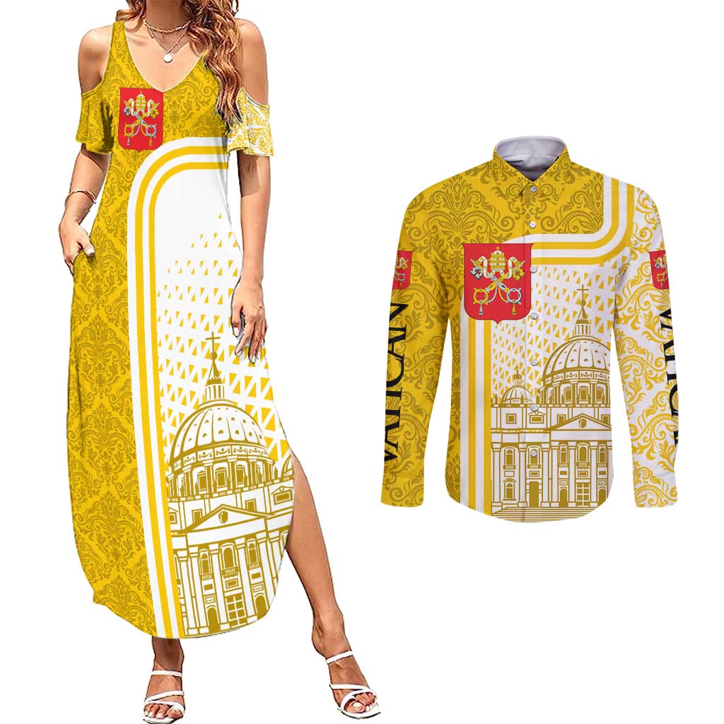 Vatican City Couples Matching Summer Maxi Dress and Long Sleeve Button Shirt St. Peter’s Basilica & Papal Emblem Gold Ornate Architecture