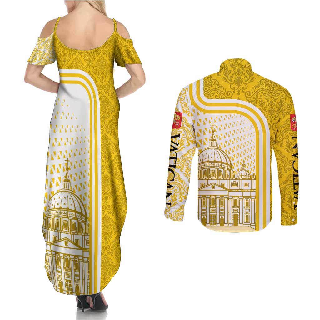 Vatican City Couples Matching Summer Maxi Dress and Long Sleeve Button Shirt St. Peter’s Basilica & Papal Emblem Gold Ornate Architecture