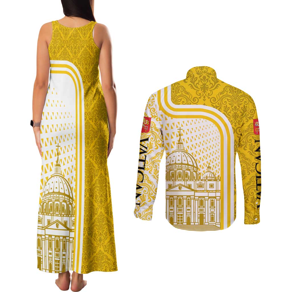 Vatican City Couples Matching Tank Maxi Dress and Long Sleeve Button Shirt St. Peter’s Basilica & Papal Emblem Gold Ornate Architecture