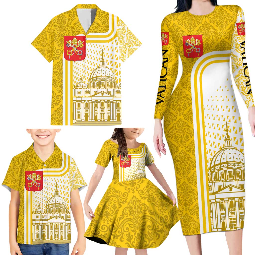Vatican City Family Matching Long Sleeve Bodycon Dress and Hawaiian Shirt St. Peter’s Basilica & Papal Emblem Gold Ornate Architecture