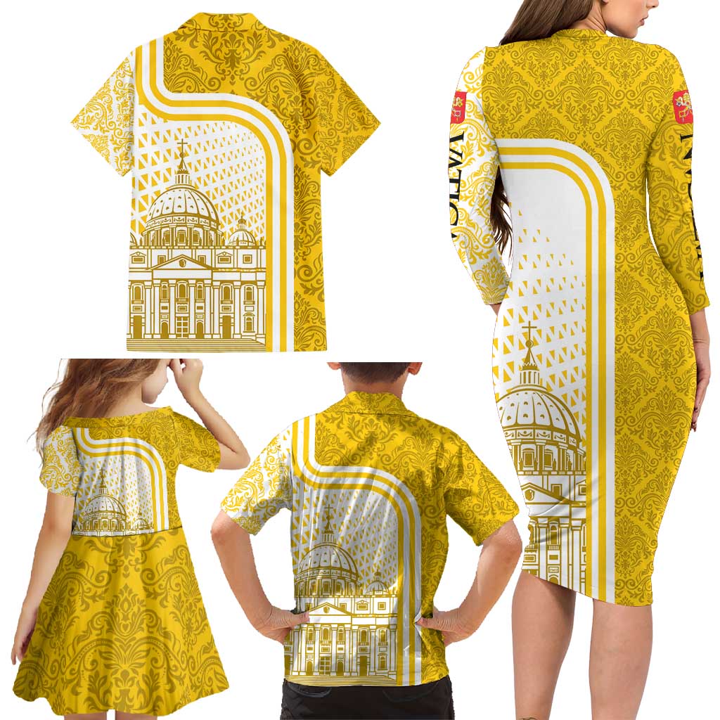 Vatican City Family Matching Long Sleeve Bodycon Dress and Hawaiian Shirt St. Peter’s Basilica & Papal Emblem Gold Ornate Architecture