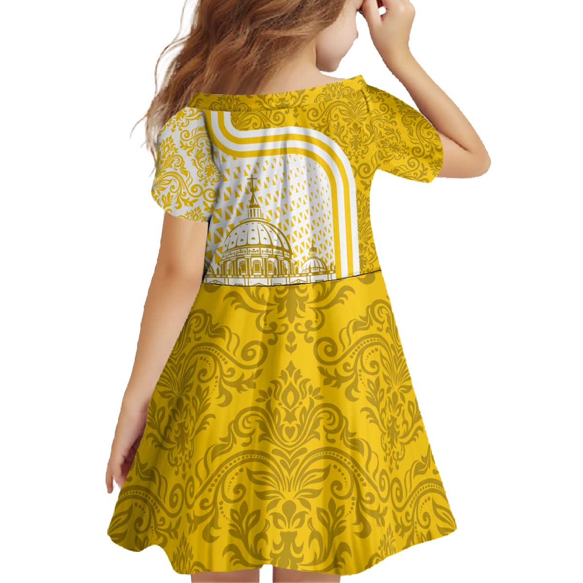 Vatican City Family Matching Off The Shoulder Long Sleeve Dress and Hawaiian Shirt St. Peter’s Basilica & Papal Emblem Gold Ornate Architecture