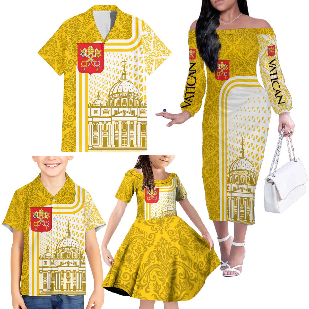 Vatican City Family Matching Off The Shoulder Long Sleeve Dress and Hawaiian Shirt St. Peter’s Basilica & Papal Emblem Gold Ornate Architecture