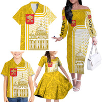 Vatican City Family Matching Off The Shoulder Long Sleeve Dress and Hawaiian Shirt St. Peter’s Basilica & Papal Emblem Gold Ornate Architecture