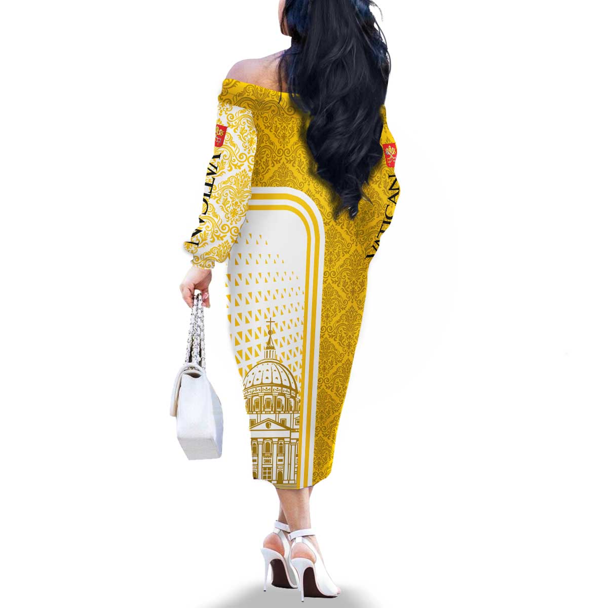 Vatican City Family Matching Off The Shoulder Long Sleeve Dress and Hawaiian Shirt St. Peter’s Basilica & Papal Emblem Gold Ornate Architecture