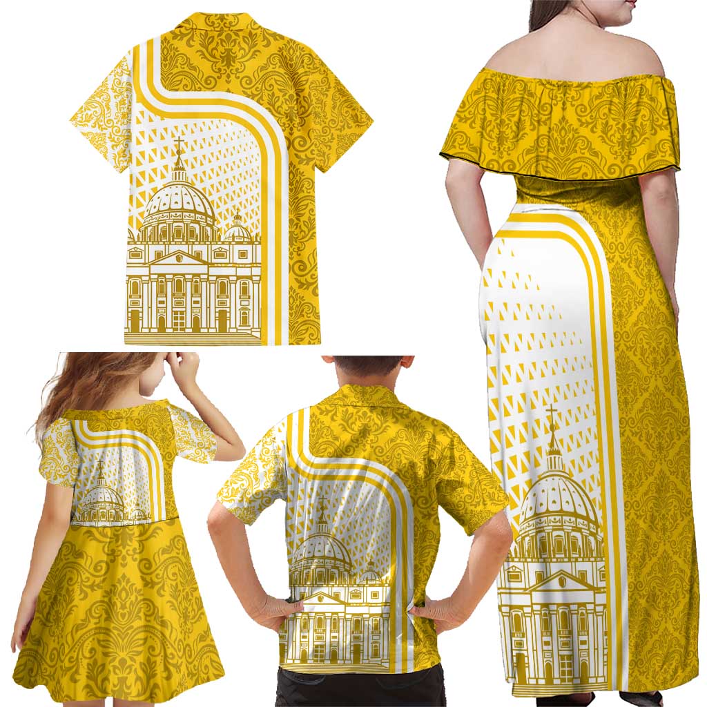 Vatican City Family Matching Off Shoulder Maxi Dress and Hawaiian Shirt St. Peter’s Basilica & Papal Emblem Gold Ornate Architecture