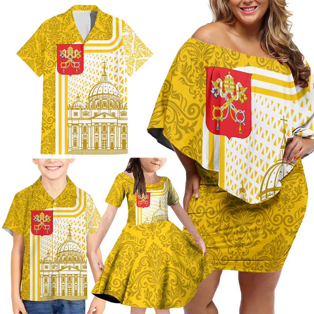 Vatican City Family Matching Off Shoulder Short Dress and Hawaiian Shirt St. Peter’s Basilica & Papal Emblem Gold Ornate Architecture