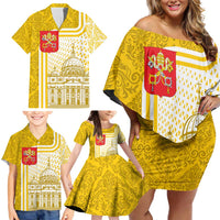 Vatican City Family Matching Off Shoulder Short Dress and Hawaiian Shirt St. Peter’s Basilica & Papal Emblem Gold Ornate Architecture